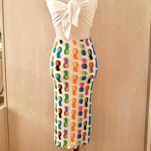 FARM Rio bright multicolored pineapple print soft stretch jersey Midi Skirt XS